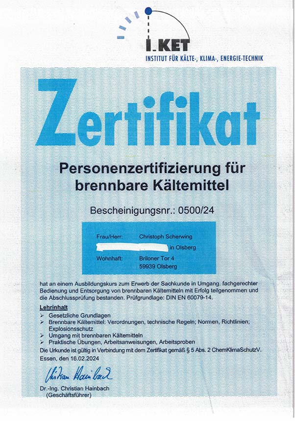 Scherwing u. Hillebrand Natürlich Heizen GmbH Zertifikat 3