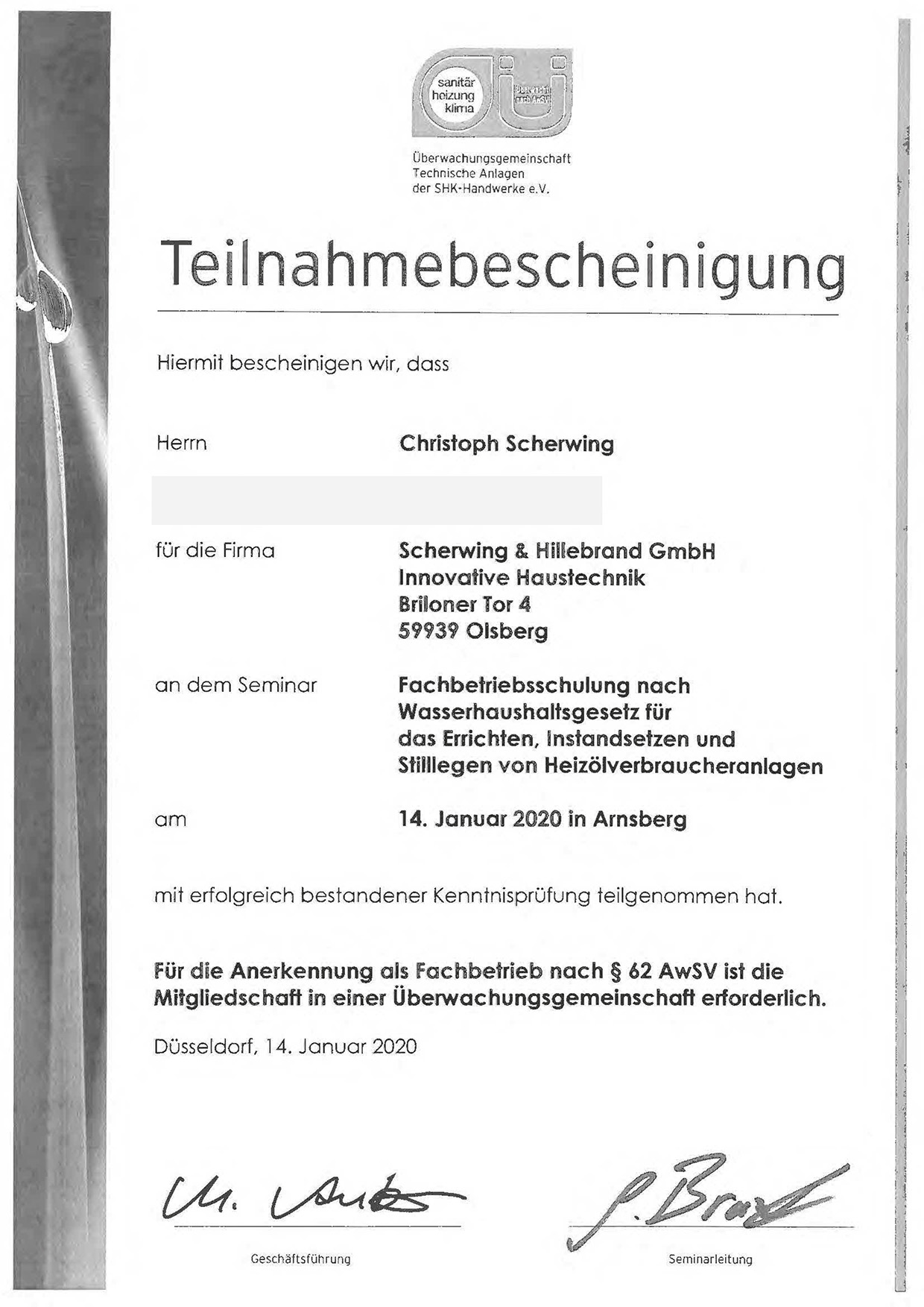 Scherwing u. Hillebrand Natürlich Heizen GmbH Zertifikat 4