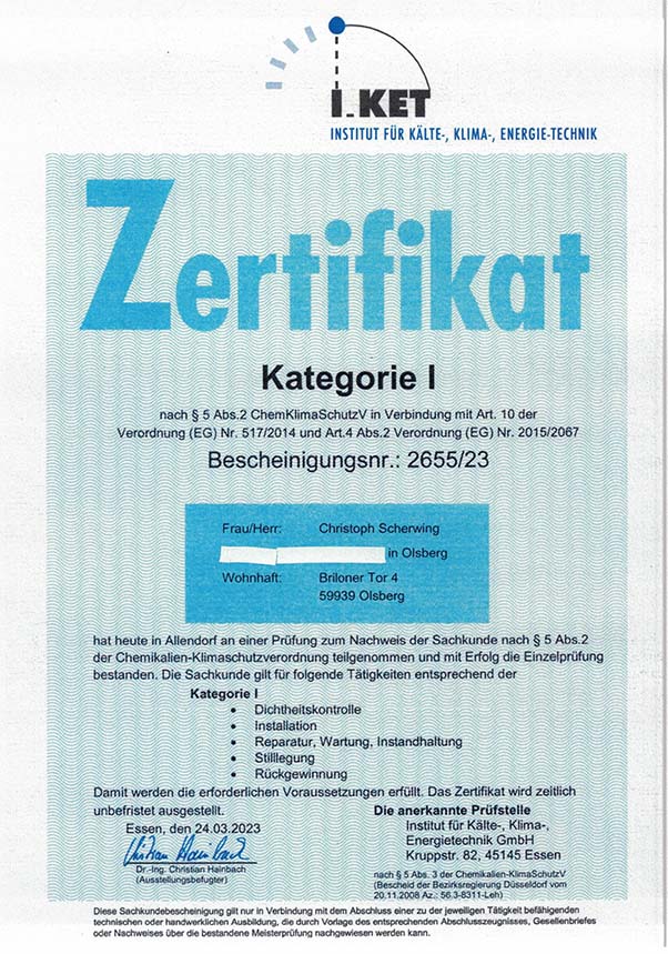 Scherwing u. Hillebrand Natürlich Heizen GmbH Zertifikat 1